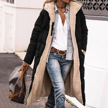 Дамско зимно палто, двустранен яке, Дълго палто с качулка, Руното на лигавицата с дълъг ръкав, Дамско зимно палто chaquetas