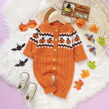 Детски гащеризон, Зимни Orange Вязаная дрехи под формата на тиква за новородени момчета и момичета, Комбинезони за Хелоуин, Бебешки дрехи Унисекс, едно Парче гащеризон