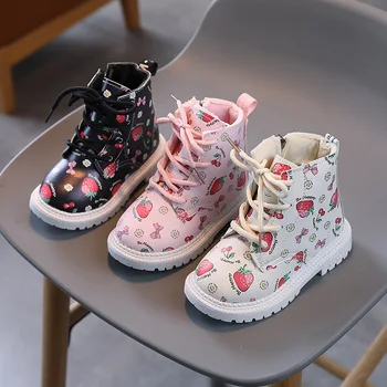 Детски къси обувки; зимни обувки за момичета; Нови сладки обувки с ягодов принтом; Тънки памучни топли обувки от изкуствена кожа за малки момичета