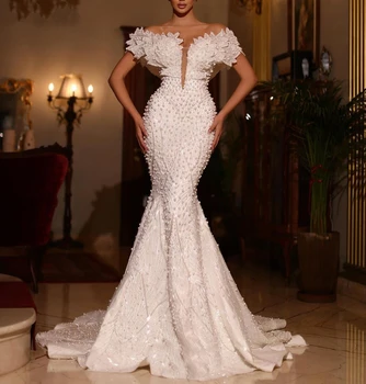 Елегантна Сватбена рокля Русалка, расшитое перли, с открити рамене, булчинска рокля с V-образно деколте по поръчка, Vestido De Новия