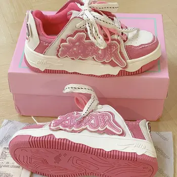 Есенна японската Лолита Kawai, розово и ежедневни спортни обувки на платформа, дамски маратонки, Вулканизированная количка за джогинг, Harajuku, тенис, Реколта
