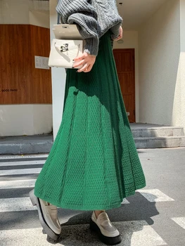 Есенно-зимни трикотажная женска пола, Плътна и дълга пола с еластична гумена лента за кръста, Свободна однотонная Женска пола трапецовидна форма, зелен цвят Каки в корейски стил