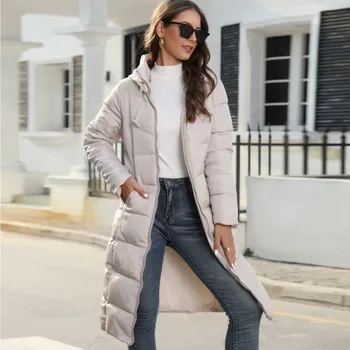Зимни дамски памучен яке с качулка, Дамски тънък памучен яке със средна дължина, топло naka памучен сако, Дамско палто, дълго палто