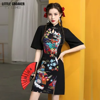Китай-Шик Чонсам 2023, Ново Късо Младежко Черно Модифицирано рокля с вывернутыми Големи ръкави, Женствена рокля в стил Шинуазри