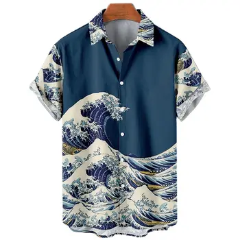 Мъжки Хавайски ризи в стил Ретро с Океаническим 3D принтом, Ежедневна мода, Къси ръкави, Свободни топове с ревери, Голям размер, Лято