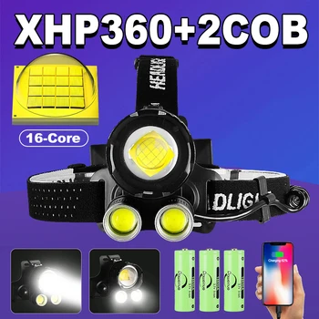 Най-Мощният XHP360 Led Налобный Фенер 18650 Акумулаторна батерия USB Главоболие Фенерче 2 COB Light Открит Къмпинг Риболовни Налобные Светлини