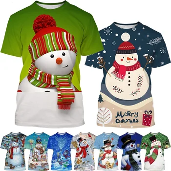 Нова зимна тениска с Снеговиком с къс ръкав, мъжки и дамски модни и ежедневни тениска с къси ръкави, Коледен празничен уличен топ