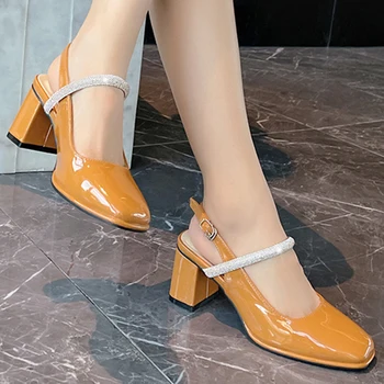 Новата Британска Модни Дамски обувки Baotou с отворен Гръб, Фини обувки С кристали На дебелите Обувки в стил Ретро на големи токчета