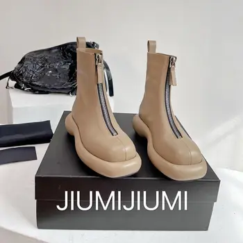 Нови обувки JIUMIJIUMI ръчно изработени дамски кожени обувки до средата на прасците с кръгло бомбе, дамски обувки на платформа, обикновен дамски ботуши на равна подметка с цип