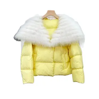 Ново зимно дамско палто, бяло яке на утином топола, много голяма яка от естествен лисьего кожа, Дебела Модерна Луксозна връхни дрехи, Пуховик