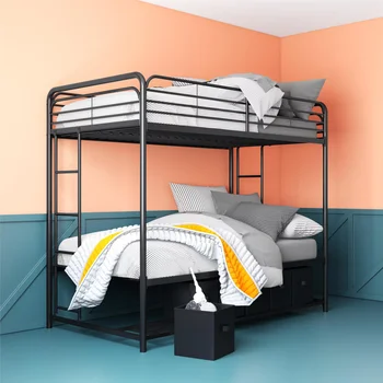 Опорна точка, Двойна метална двуетажно легло с чекмеджета за багаж, черна рамка на легло, мебели за спалня