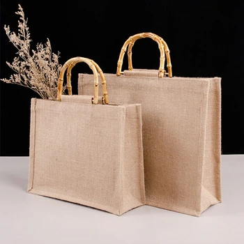 Преносима пазарска чанта от юта от зебло, бамбукови дръжки с вериги, торби за многократна употреба-тоут за жени и момичета