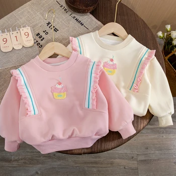 Сладък детски блузи за момичета, пролет-есен, Корейски стил, hoody с волани, пуловер с бродерия, блузи, бебешки дрехи от 1 до 6 години