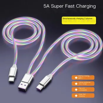 Цветна струящийся светлина, USB-кабел за зареждане 1 метър и 2 в 1 Конектори Type-C Micro USB, бързо зареждане на 6A за Android-смартфон