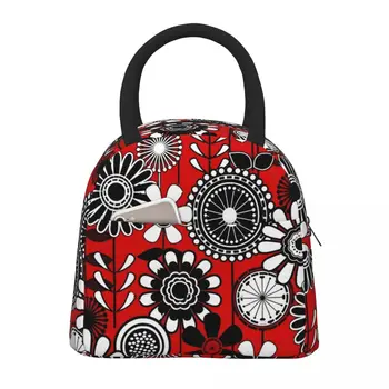 Чанта за обяд в Ретро стил с флорални принтом, Червена, черна, Училищната кутия за обяд за дете, Модерен принт, термосумки, Оксфорд чанта-хладилник