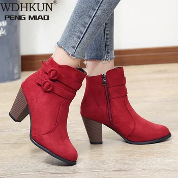 Червени обувки, дамски ботильоны, есенна обувки на високи токчета, женските модни обувки с цип, Размер 43, Botas Mujer
